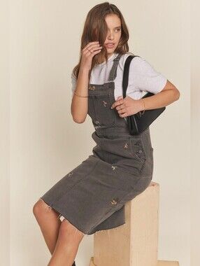 Charcoal Embroidered Denim Overall Skirt